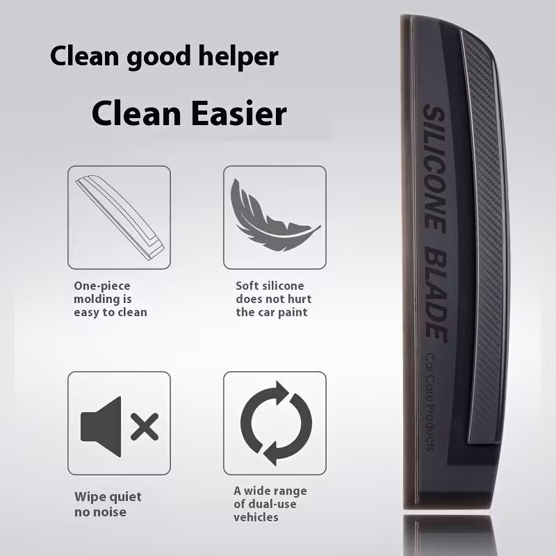 Silicone blade with features listed on a gray background