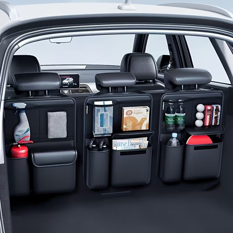 black car seat hanging organiser with multiple storage compartments 