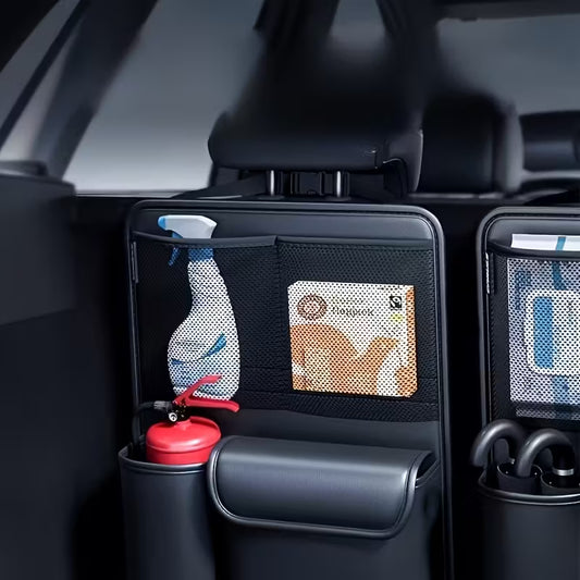 Car organizer with compartments holding a bottle, a can, and a package inside a vehicle.
